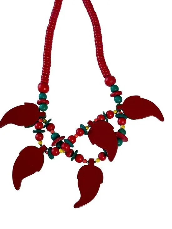 Vintage Wooden Bead Necklace With Red & Green Pepper Charms 22" Long Colorful Re - Picture 6 of 7